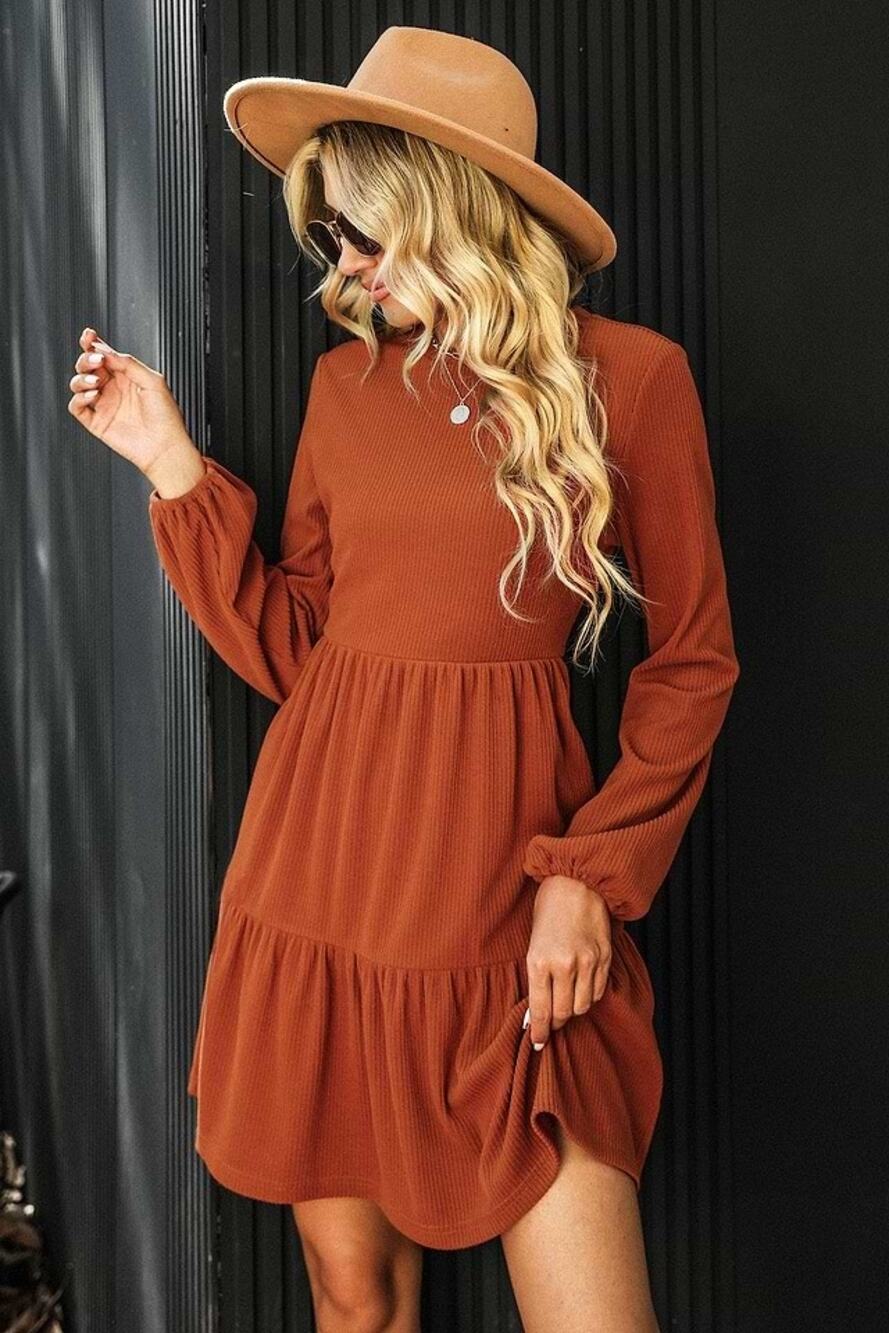 Cupshe Bernadette Ribbed Tiered Mini Dress in Burnt Orange Size XL
